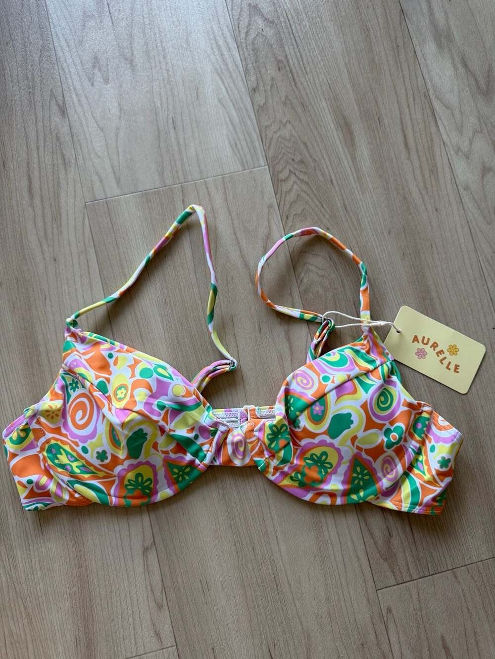 Aurelle Retro Psychedelic Floral Underwire Bikini Top, Size XL